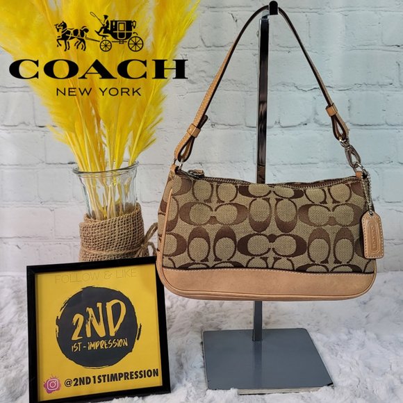 Coach Handbags - Coach Demi Pouch Tan Leather Signature Jacquard Canvas Baguette